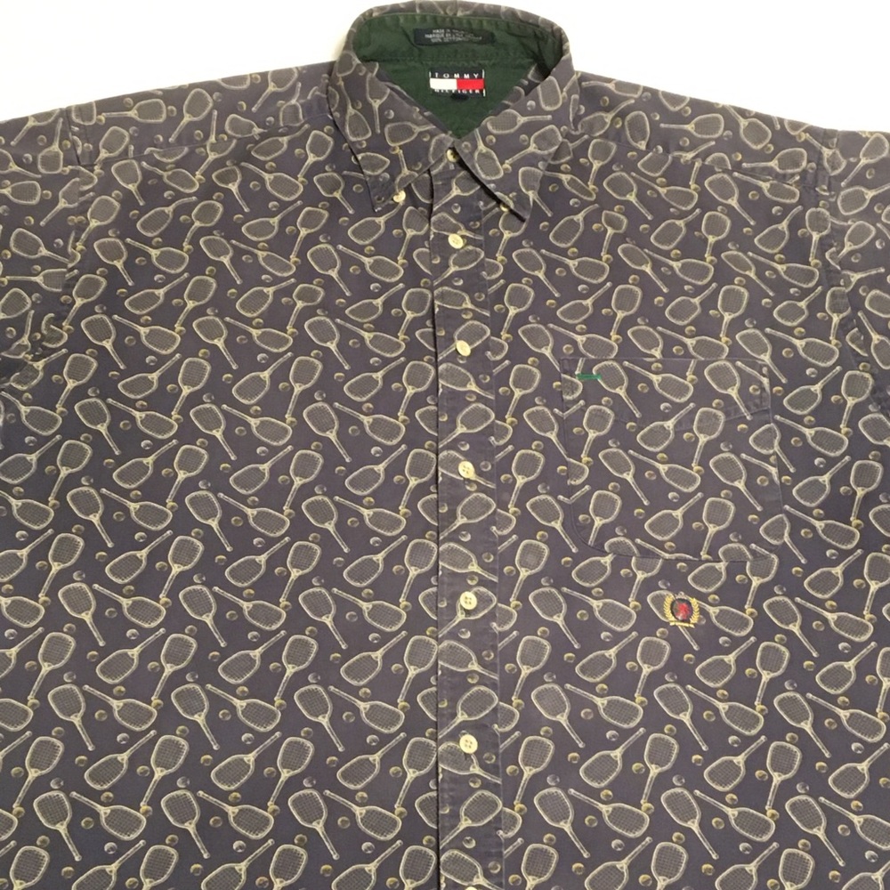 Vintage Tommy Hilfiger TENNIS RACKET Print Long Sleeve Polo (Lrg)